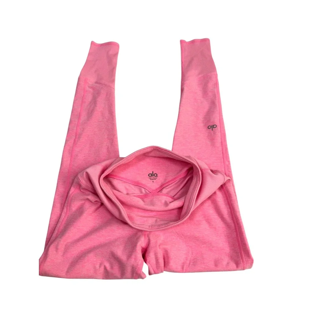 Alo Yoga High Waist Ribbed Goddess Leggings Pink Heathered Size S
